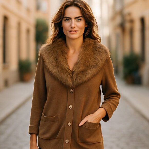 NWT Michael Kors Faux Fur Collar Cotton Blend Cardigan Sweater Medium - Picture 1 of 9